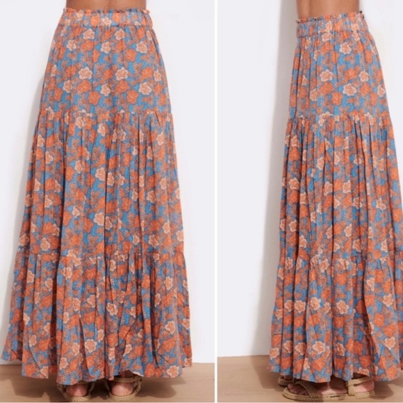 Sundry Floral Tiered Maxi Skirt in Blue and Orange Cotton. - Picture 2 of 4